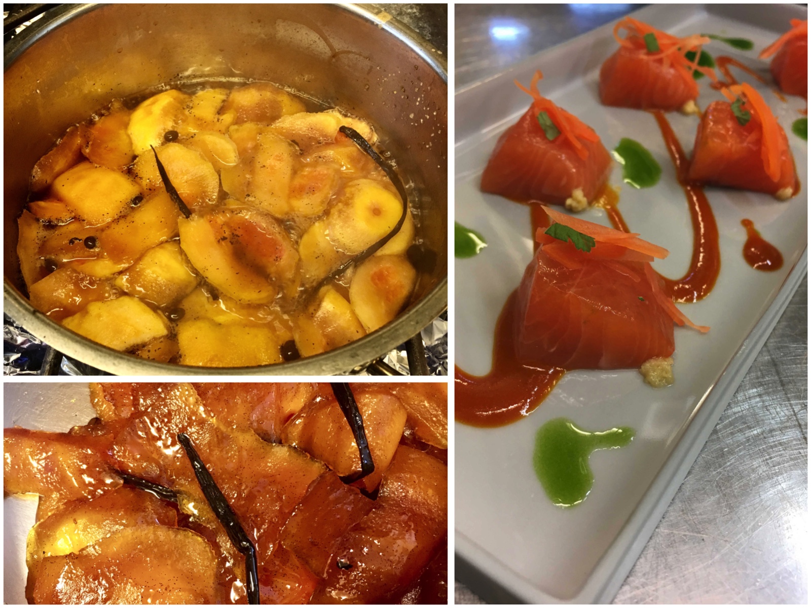 Fotos aus der «Essigbrätlein»-Küche. Zu sehen sind Grapefruitschalen im Kochtopf, dann mit eingekochter Sahne vermixt und zu Fisch mit fermentierten Karotten serviert.